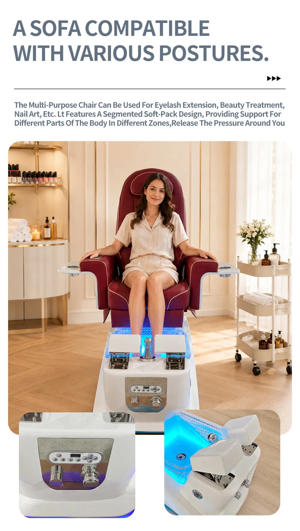 2026 Beauty Salon Spa Stuhl Elektrischer Liegesessel Massage-Nagelstuhl, LED-Fußbadewanne Maniküre-Pediküre-Ausrüstung für Spa-Center – Detail 3