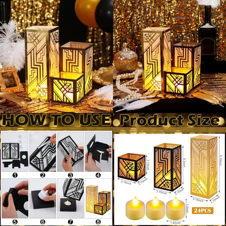 24 Pcs Roaring 1920's Centerpieces for Table 3 Size Speakeasy Black and Gold Party Paper Lantern Boxes for 1920s Birthday Vinta