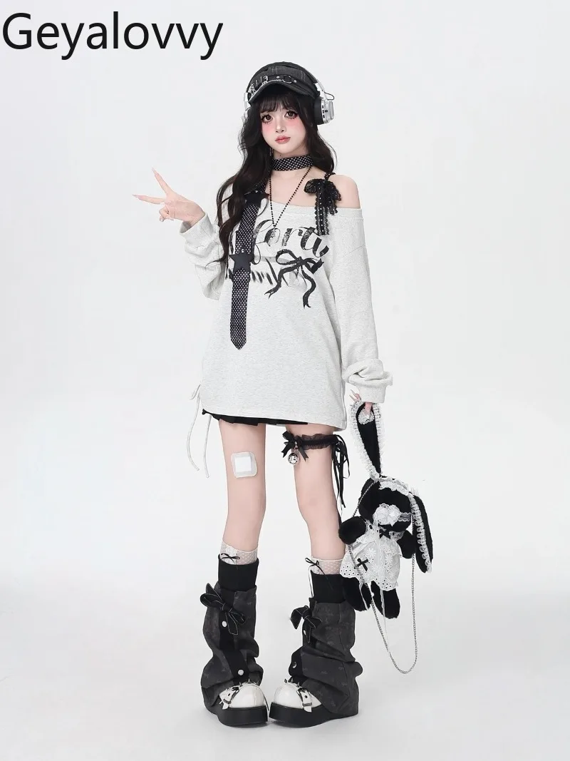 Sweat-shirt à manches longues pour femmes, polyvalent, avec lettres imprimées, doux, épaules dénudées, ample, décontracté, printemps automne