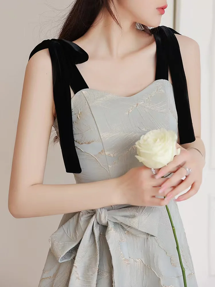 

Vintage Evening Dresses Spaghetti Straps With Bow Elegant Party Sleeveless A Line Fashion Prom Wedding Female Clothing Vestidos