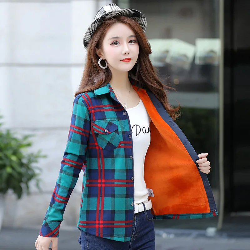 Velvet Warm Women's Plaid Shirt Female Long Sleeve Tops Oversized Winter Pockets Fleece Blouse Blusas Femininas Chemise Femme