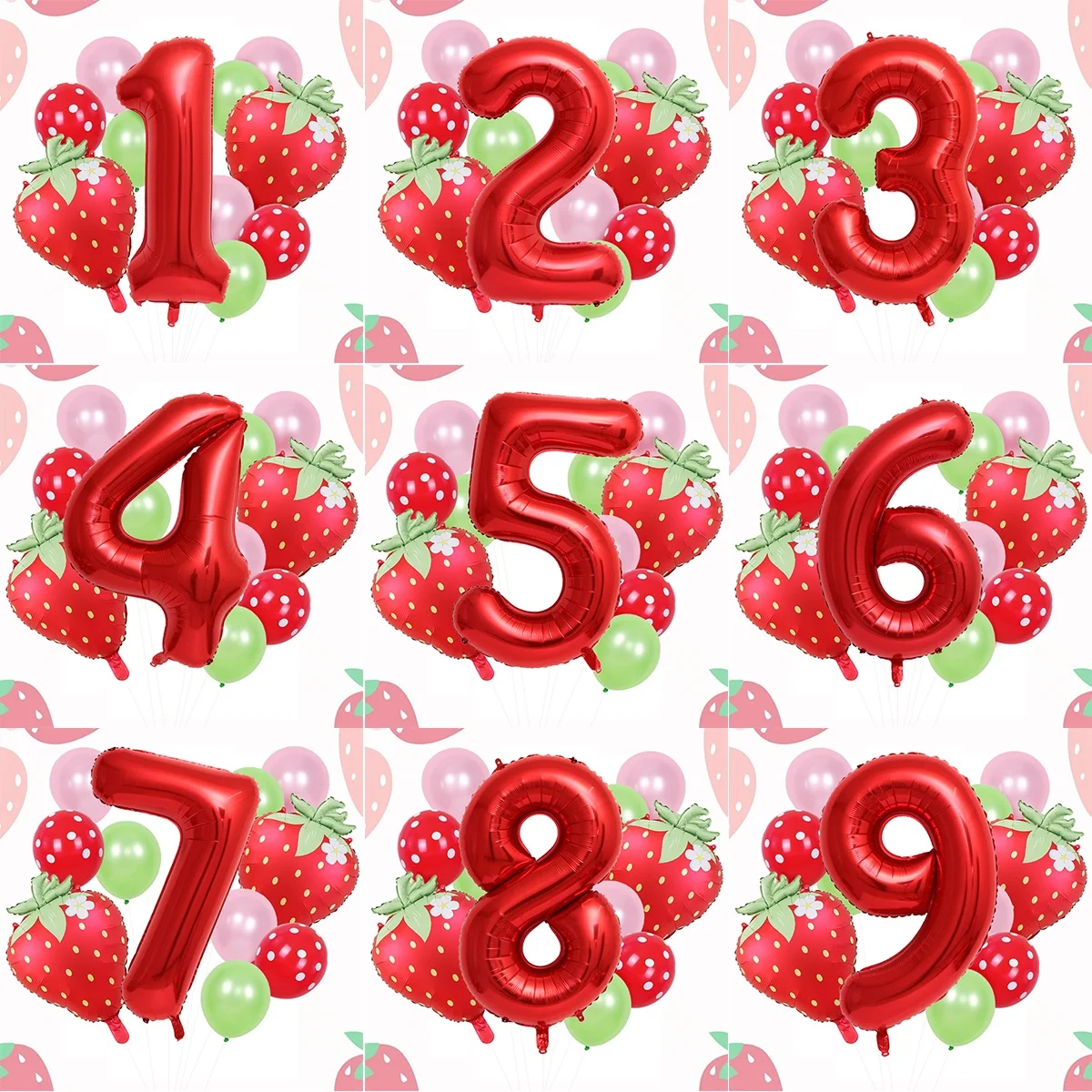 13-teiliges Erdbeer-Ballon-Set aus Aluminiumfolie mit gepunkteten Latexballons für Geburtstagsfeiern und Jubiläumsdekoration