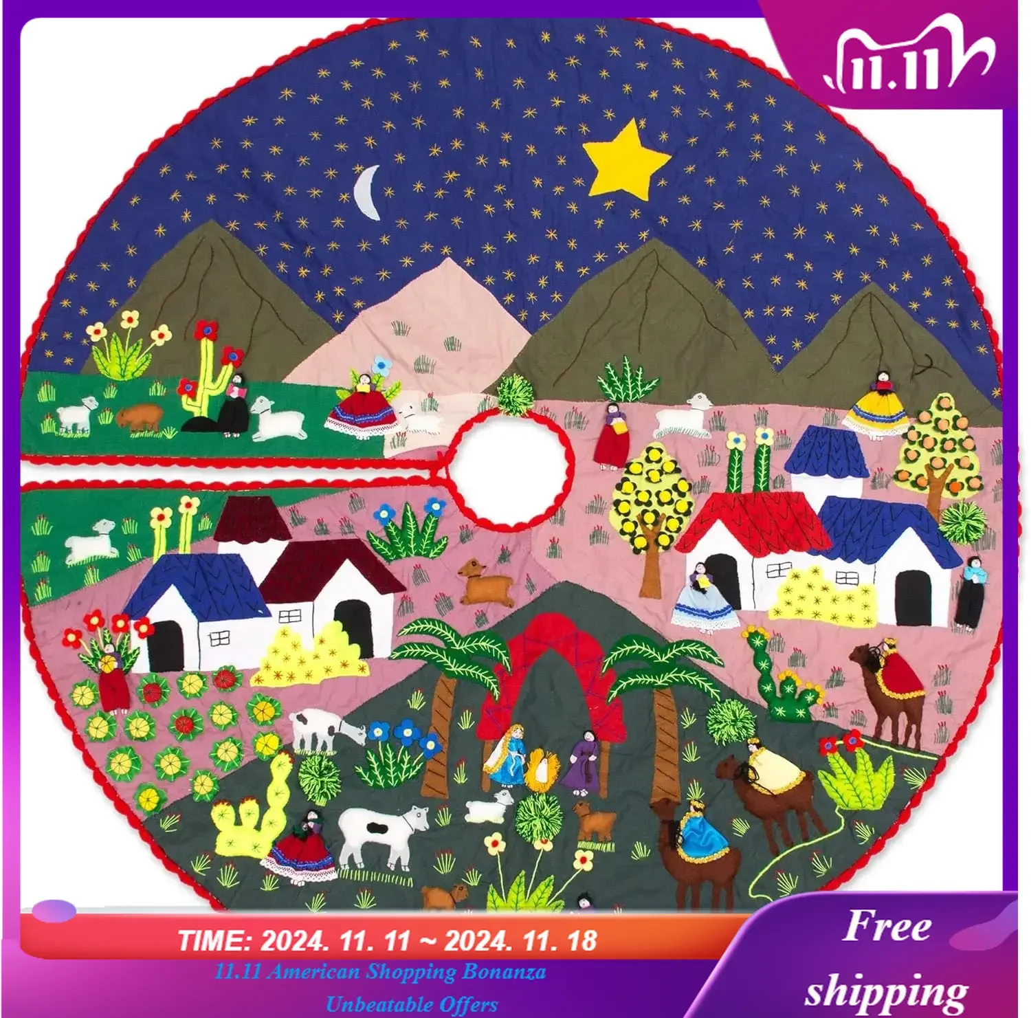 

Handmade Cotton Blend Applique Tree Skirt Christmasthemed from Peru Multicolor Holiday Decor Ornaments Skirts