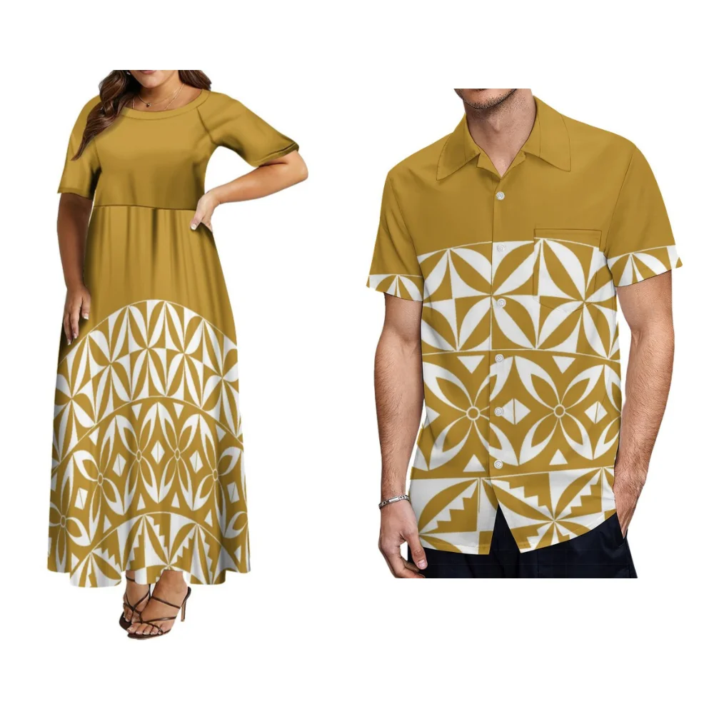 2023 Polynesische Vintage Paar Set Dames Jurk Heren Shirt Zomer Cool Korte Mouw Grote Rok Jurk Custom Patroon