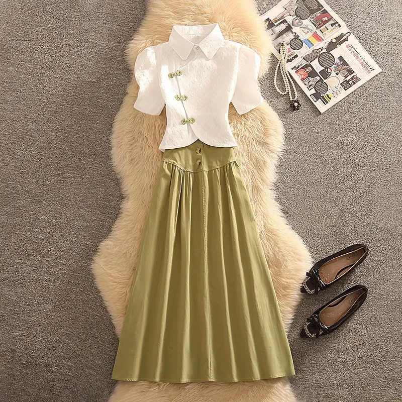 

2026 Summer Explosions New Suit Chinese Cheongsam Short-sleeved Shirt Skirt Elegant Two-piece Set