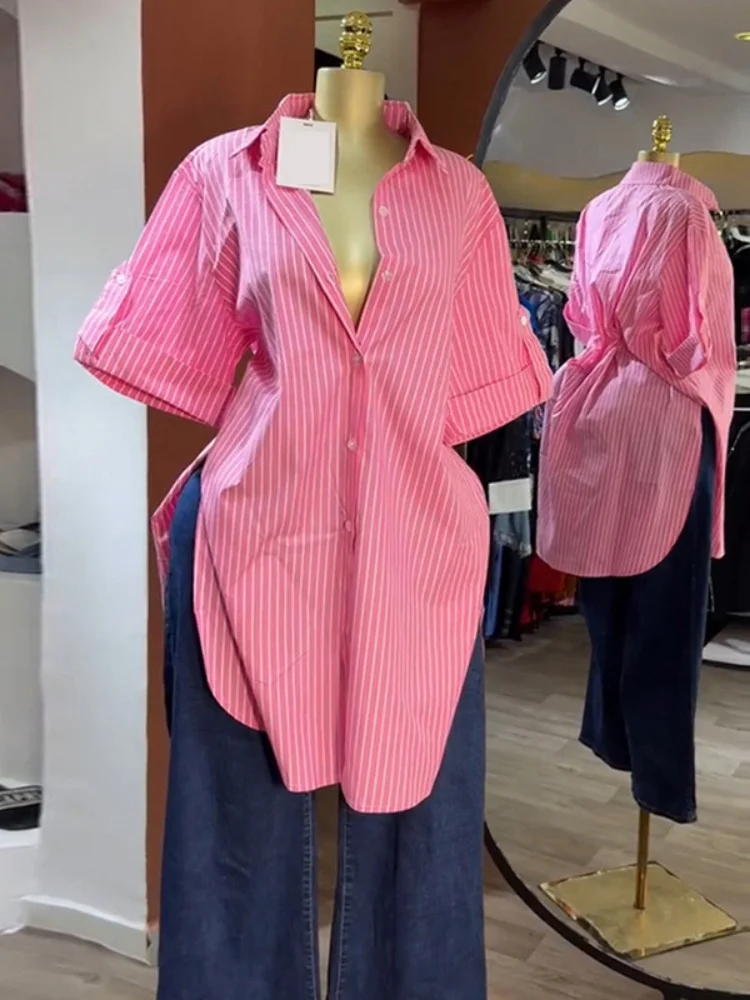 

Sister Star Women's Top Fashion Casual Collar Single Breasted Striped Short Sleeve Medium Length Shirt Temperament Commuter