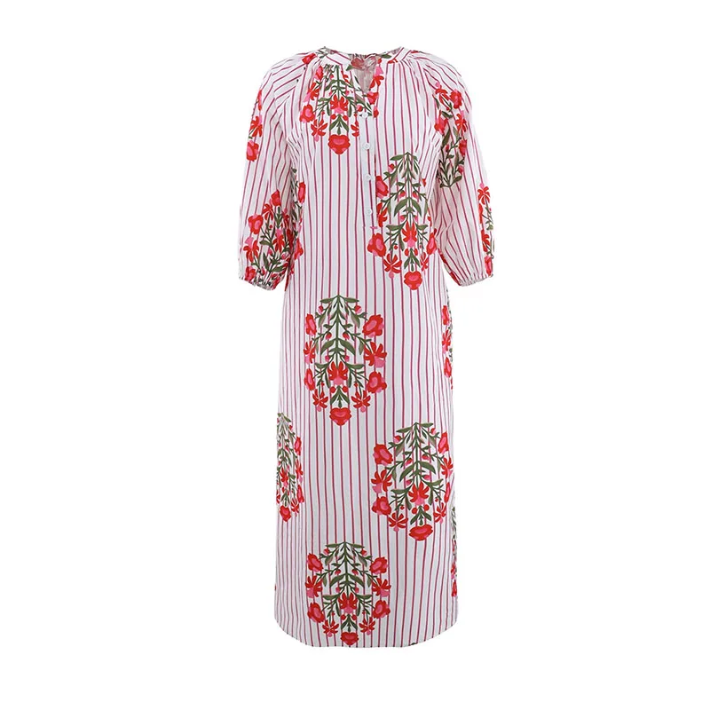 Sukienka damska w stylu retro z kwiatowym wzorem w paski, idealna na wakacje na plaży, wiosenna sukienka z dekoltem w serek, luźna sukienka boho, długa sukienka jesienna z rękawami 3/4, damska sukienka wkładana przez głowę.