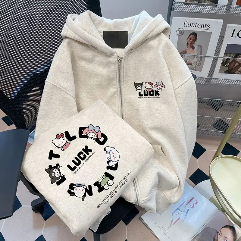 

Толстовка Hello Kitty Cinnamoroll Kuromi, женская толстовка на молнии с капюшоном Sanrio Y2k, топы с мультяшным принтом для милых девочек, осень/зима