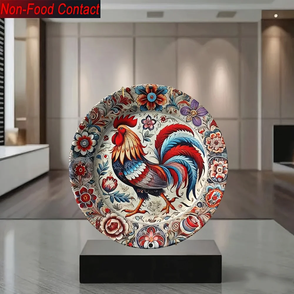 1pc Rooster Floral Ceramic Decorative Plate - Vibrant Red, Blue & Golden Design, Non-Food Contact, Perfect for Home, Living