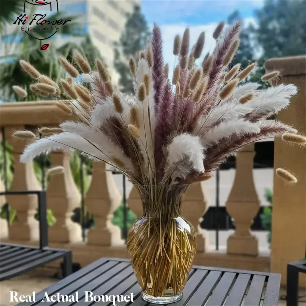 165PCS Pampas Grass Dried Flowers Boho Farmhouse Country Wedding Home Room Decor Bouquet Bunny Tail Grass DIY Artificial Flowers