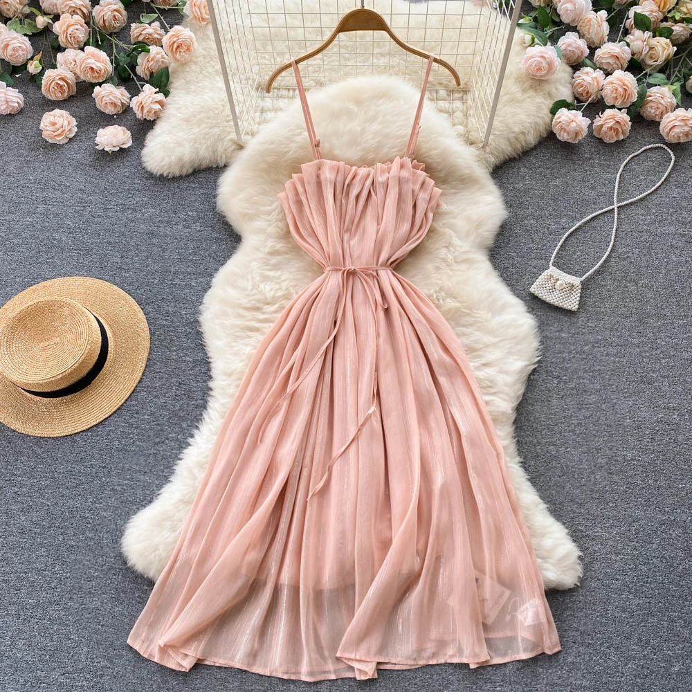 

Sweet Pleated Off Shoulder High Waist Slip Dress Fairycore A-line Chic Summer Casual Beach Vestidos Women Vacation Sundress