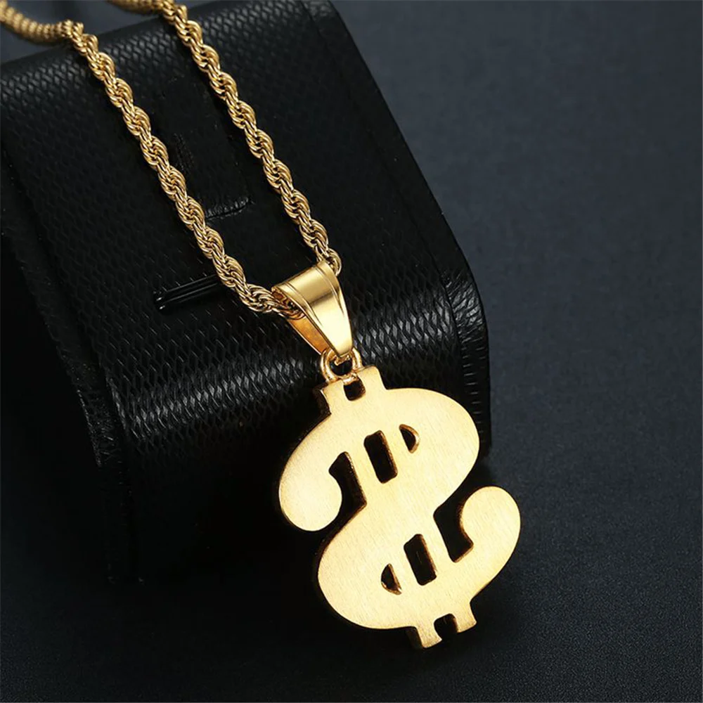 Fashion Men's Money Necklace Stainless Steel Gold Plated Jewelry Dollar Sign Pendant Necklaces for Men Hip Hop Rope Chain