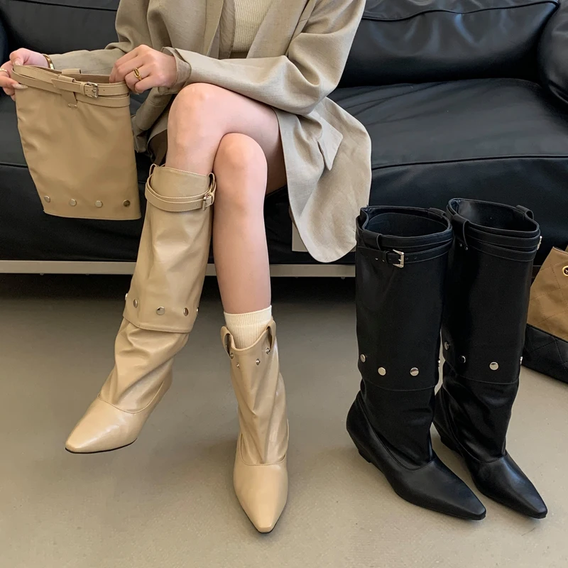 Eilyken New Fashion Pointed Toe Women Knee-High Boots Design Style Splicing Detach Buckle Strap Low Heels Shoes