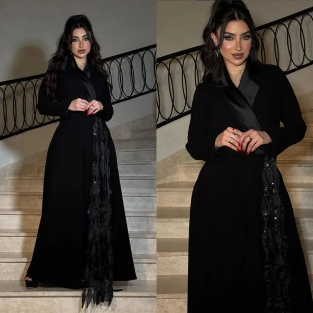 

High Quality Customized V-neck Floor Length Black Women Long Dresses Beaded Vestido Elegantes Para Boda Invitada فساتين حفلات