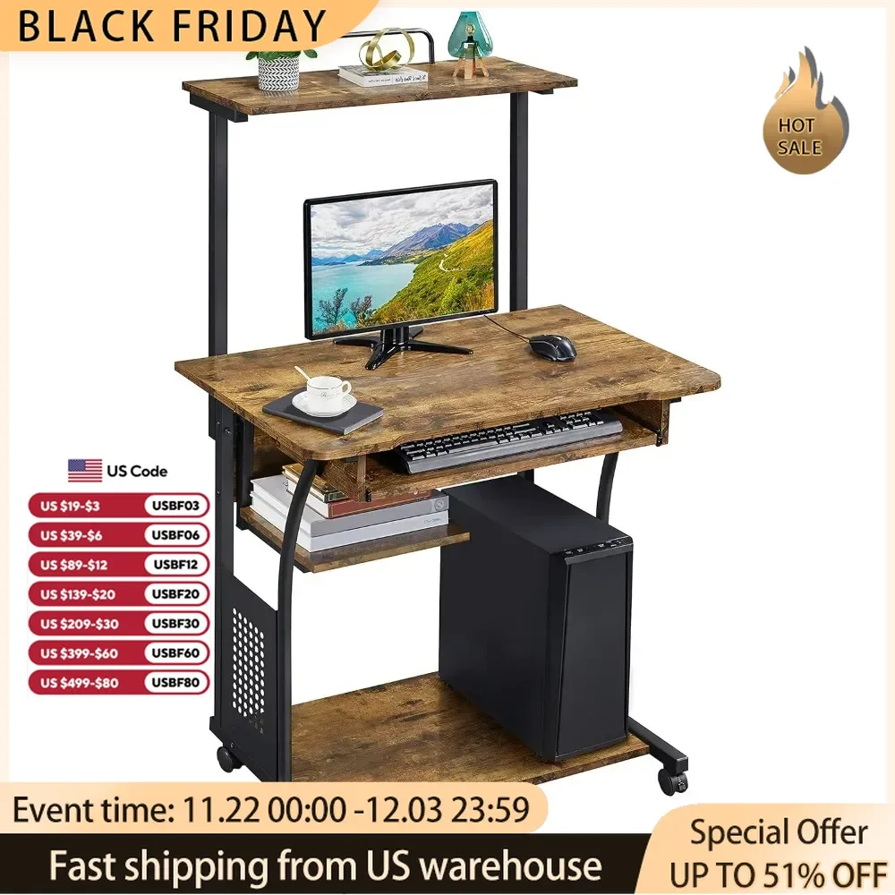 

3Tiers Rolling Computer Desk with Keyboard Tray,for Small Space, Retro Computer Table Compact PC Laptop Workstation,Rustic Brown