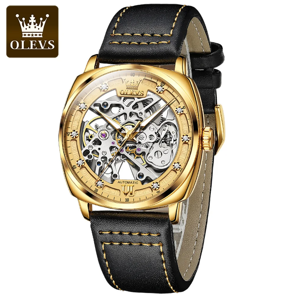 Original OLEVS Automatic Mechnical Watches for Men Luminous Waterproof Diamond Steampunk Style Fashion Skeleton Wristwatch 6651