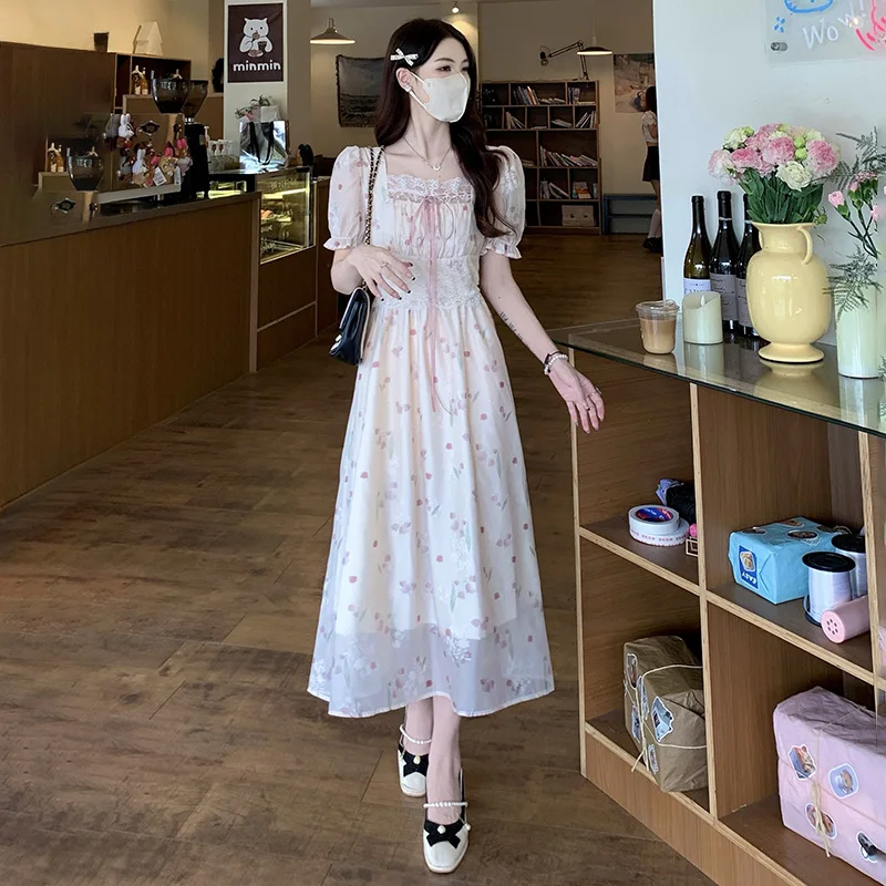 

Real shot French square neck floral fairy long skirt plus size women's waist cinched thin sweet printed lace-up dress