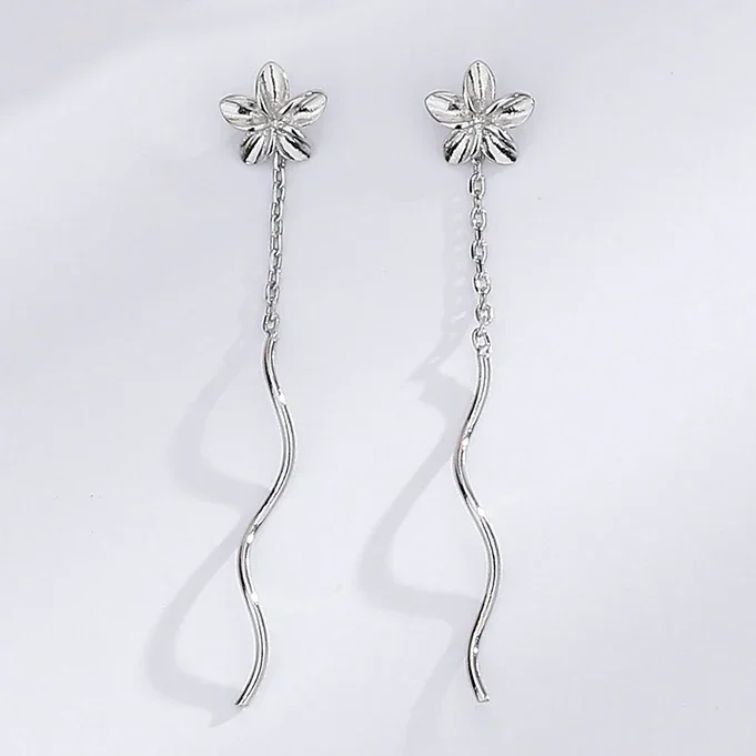 Real 925 Sterling Silver Flower Wave Chains Tassel Drop Earrings for Women Classic Fine Jewelry Minimalist Accessories