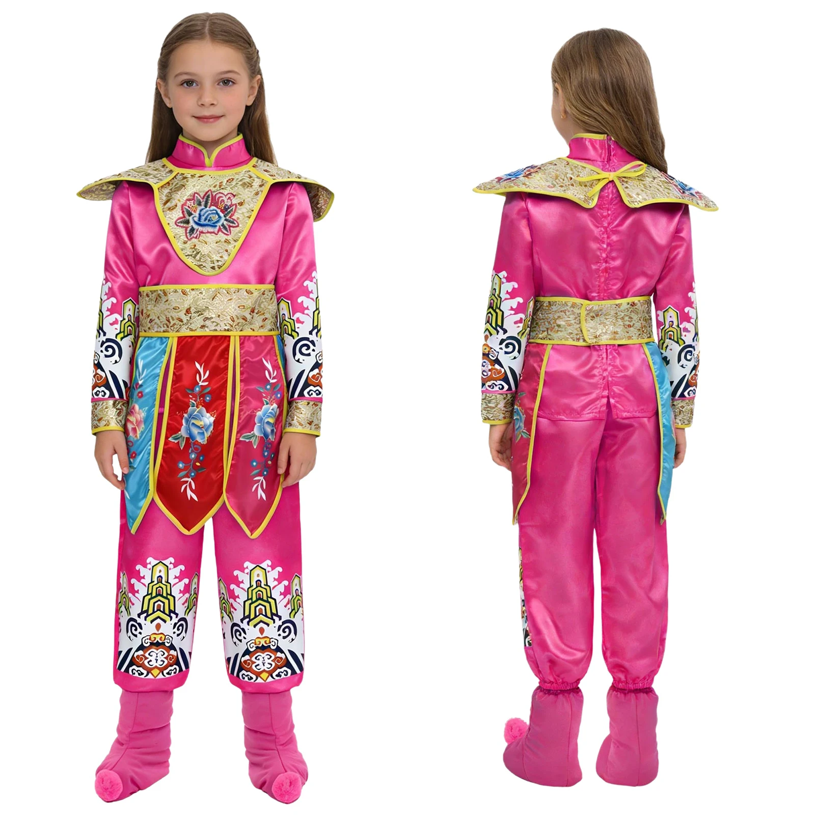 Kids 5Pcs Peking Opera Performance Outfit Folk Dance Suit China Opera Print Top with Pants Neckwear Waistbelt and Pompom Shoes
