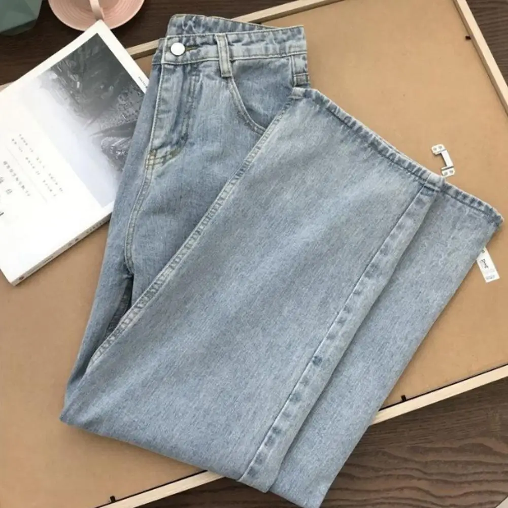 Jeans de perna larga retrô de cintura alta feminino com bolsos, fechamento de botões, monocromático, zíper, streetwear para A