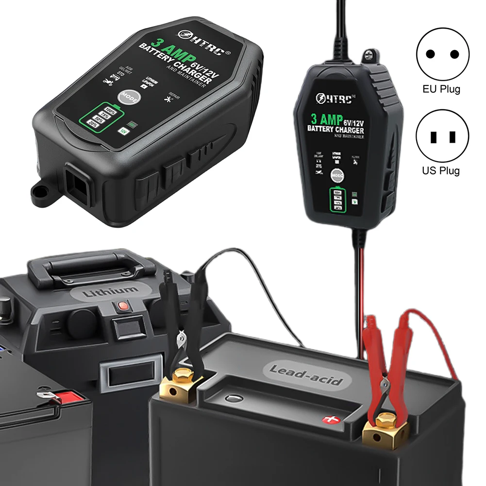 6V 12V 3A Fully Automatic Smart Battery Charger Maintainer Battery Trickle Charger for Lithium LiFePO4 Lead-Acid Battery