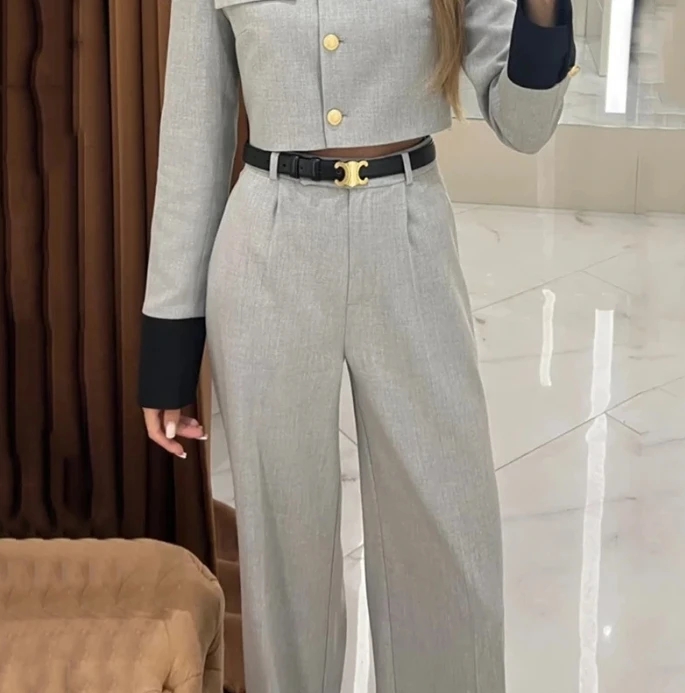 Two Piece Set for Women Autumn Office Long Sleeve Breasted Short Coats Casual Solid Color Straight Trouser Pants Suit with Belt