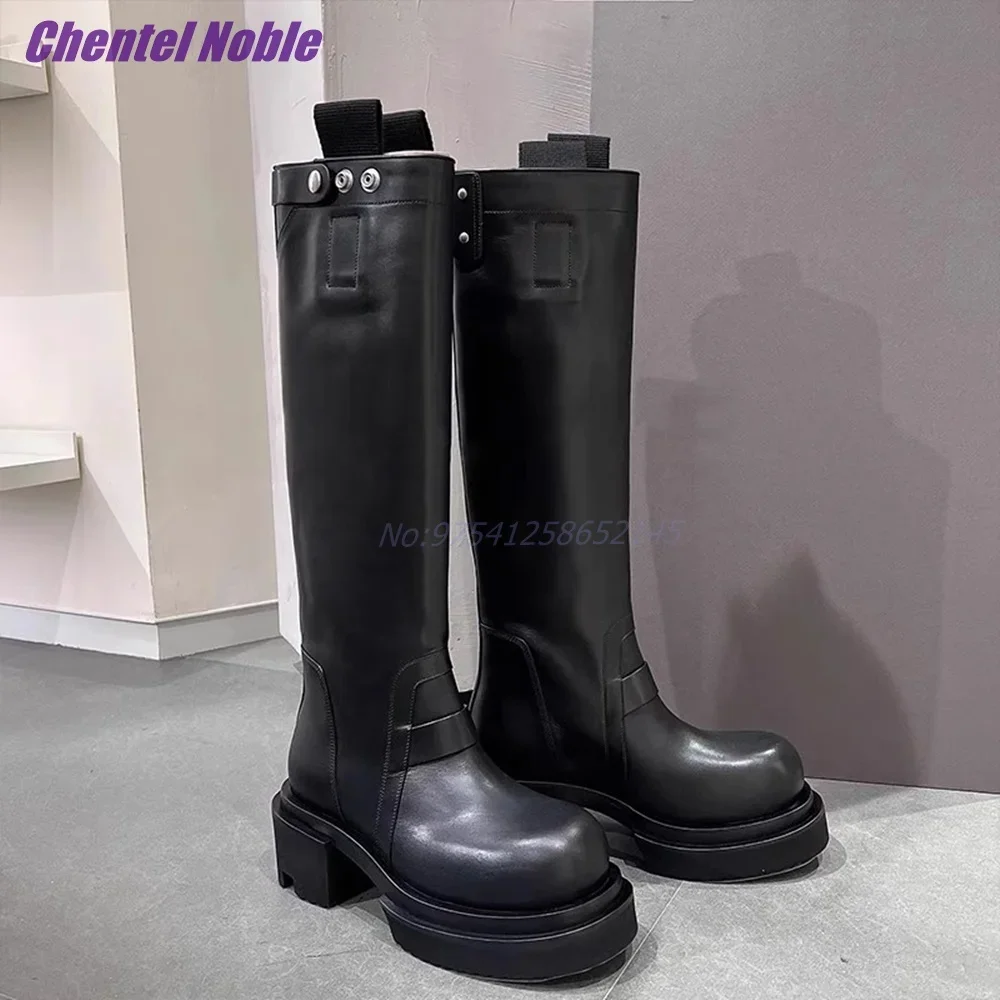

Thick Chunky Boots Knee-High Big Round Toe Metal Button Slip On Black Brown Fashion Women Shoes Leather Adjustable Luxury
