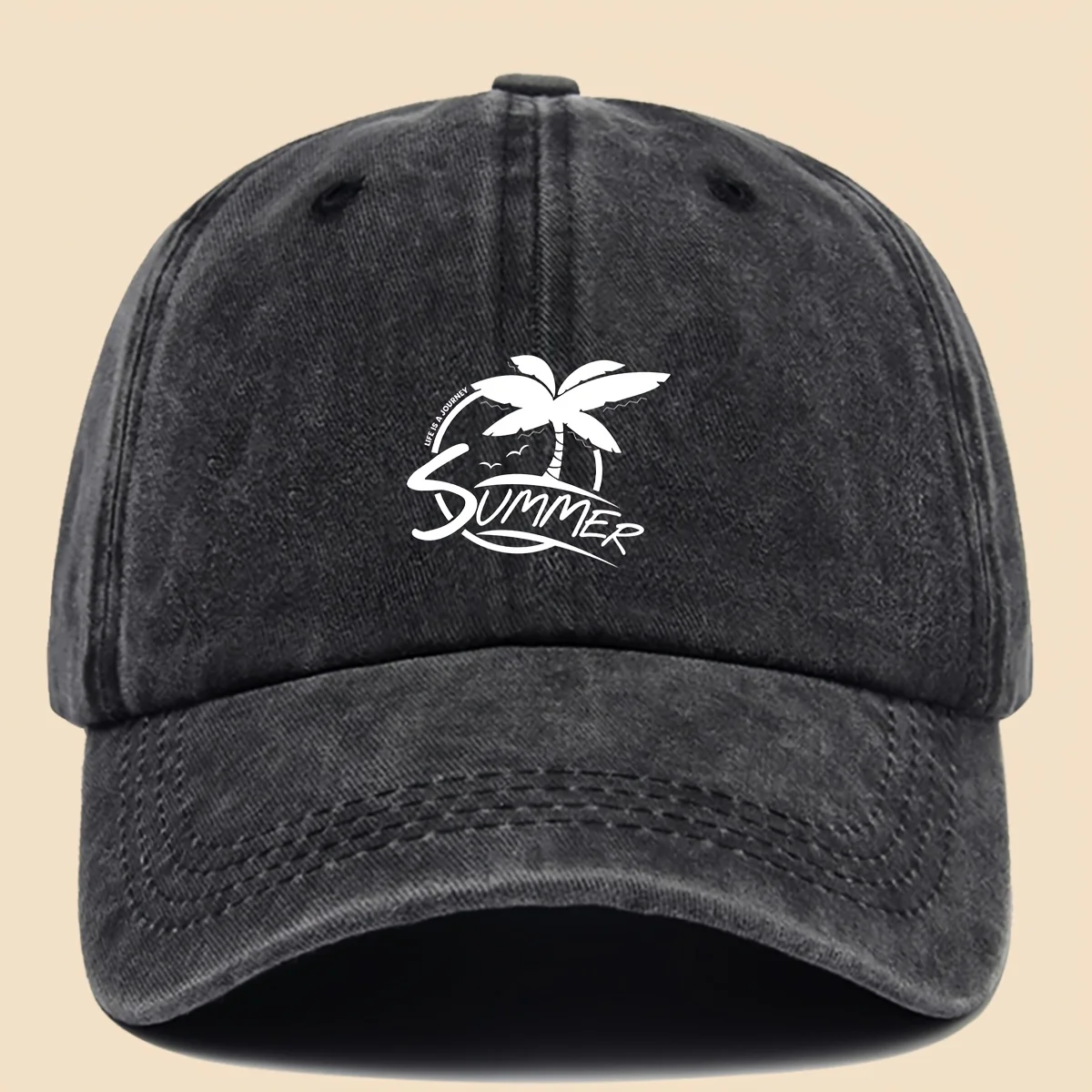 1PC[Trendy Unisex Baseball Cap] - Vintage Washed Style with Fun Coconut Tree & Beach Print | Breathable Adjustable Skate Hat for