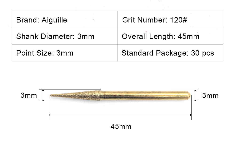 30 Stück Körnung # 120 Stück 3mm x 3mm Diamant-Schleifspitzen, Diamant-Schleifstifte, Schleif- und Polierköpfe für Dremel – Detail 3