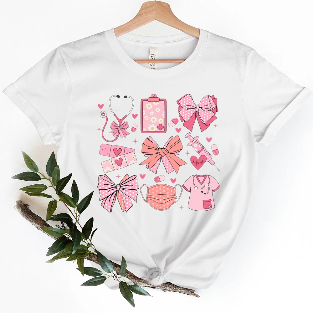 It's A Lovely Super Cute Coquette Pink Ribbons T-Shirts for Nurse Teens  Gift Women Clothing Tops Mothers Day in Nurse Era  Life