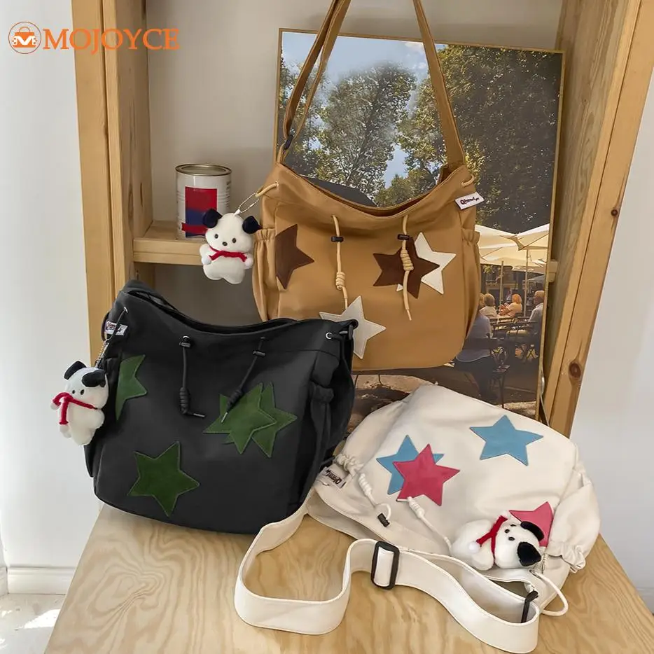 Y2K Aesthetic Women Canvas Messenger Bags Star Embroidered Students Satchel Bag with Pendant Large Capacity Casual Crossbody Bag