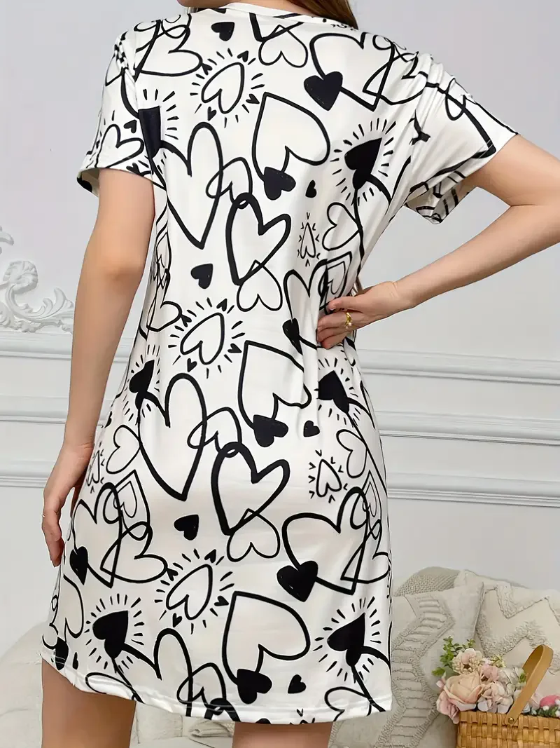 Women's Summer Casual Heart-Shaped Pattern Printed T-Shirt Dress - Suitable for Women's Daily Wear and Home Wear