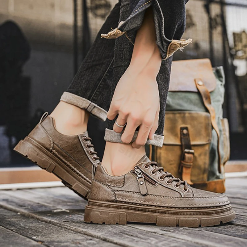 

Мужская повседневная обувь на платформе, осенняя новая непромокаемая нескользящая трендовая рабочая обувь, модная винтажная кожаная обувь на молнии, увеличивающая рост