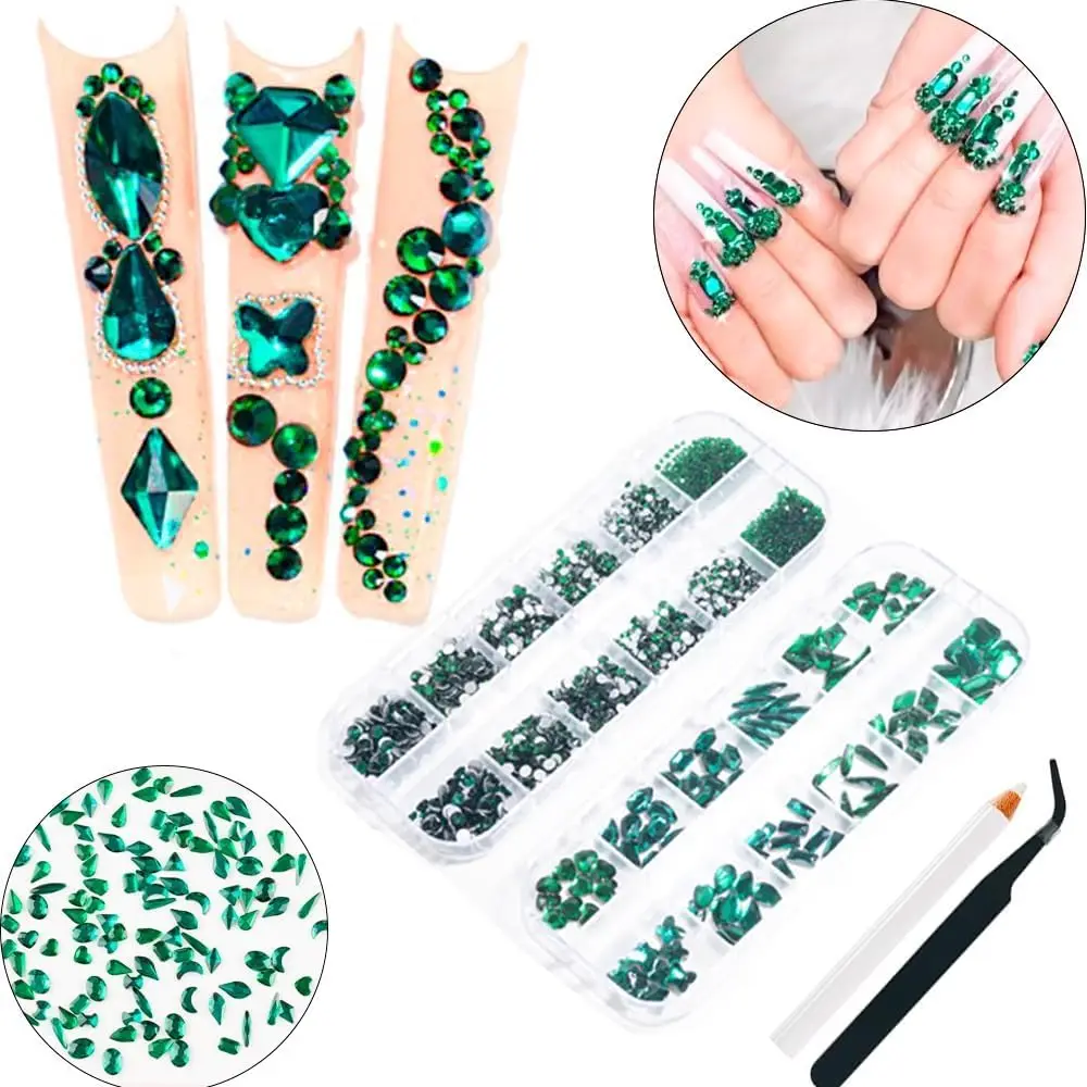 Nail Rhinestones,  Green Nails Art Diamond with 2680 Pcs Gem Stones Beads, Emerald Green Clear Nail  Charm for DIY Decoration