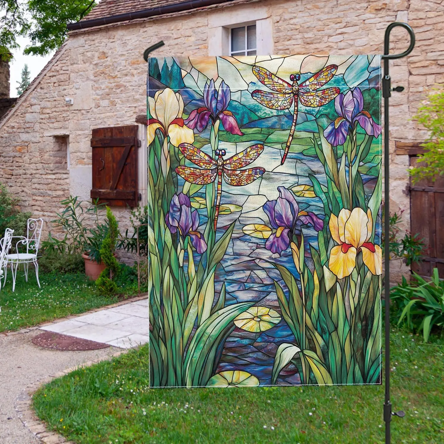 Stained Glass Dragonfly Garden Flags 12x18 Inch Double Sided for Outside, Spring Florals Flowers Standard Vertical Canvas Ho SSL