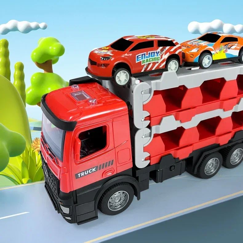 Alloy Cars Toy Container Storage Truck Model Catapult Deformation Ejection Rail Track Car Set Trailer Toys for Boys Kids Gifts