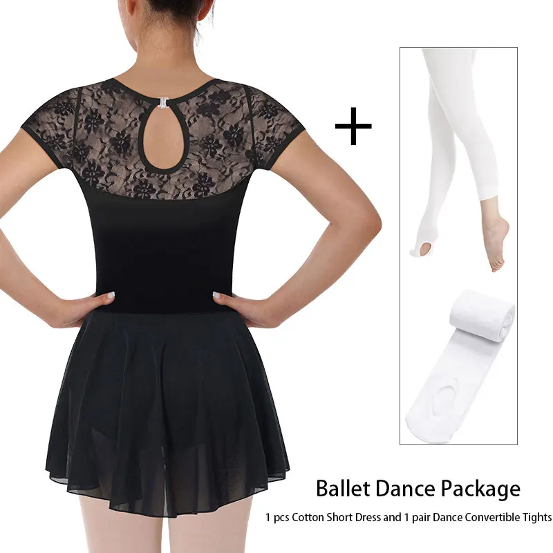 

Women's Ballet Dance Leotard Adult Lace Bodysuit with 1 pcs Cotton Short Sleeve Dress and 1 pair Convertible Ballet Dance Tights
