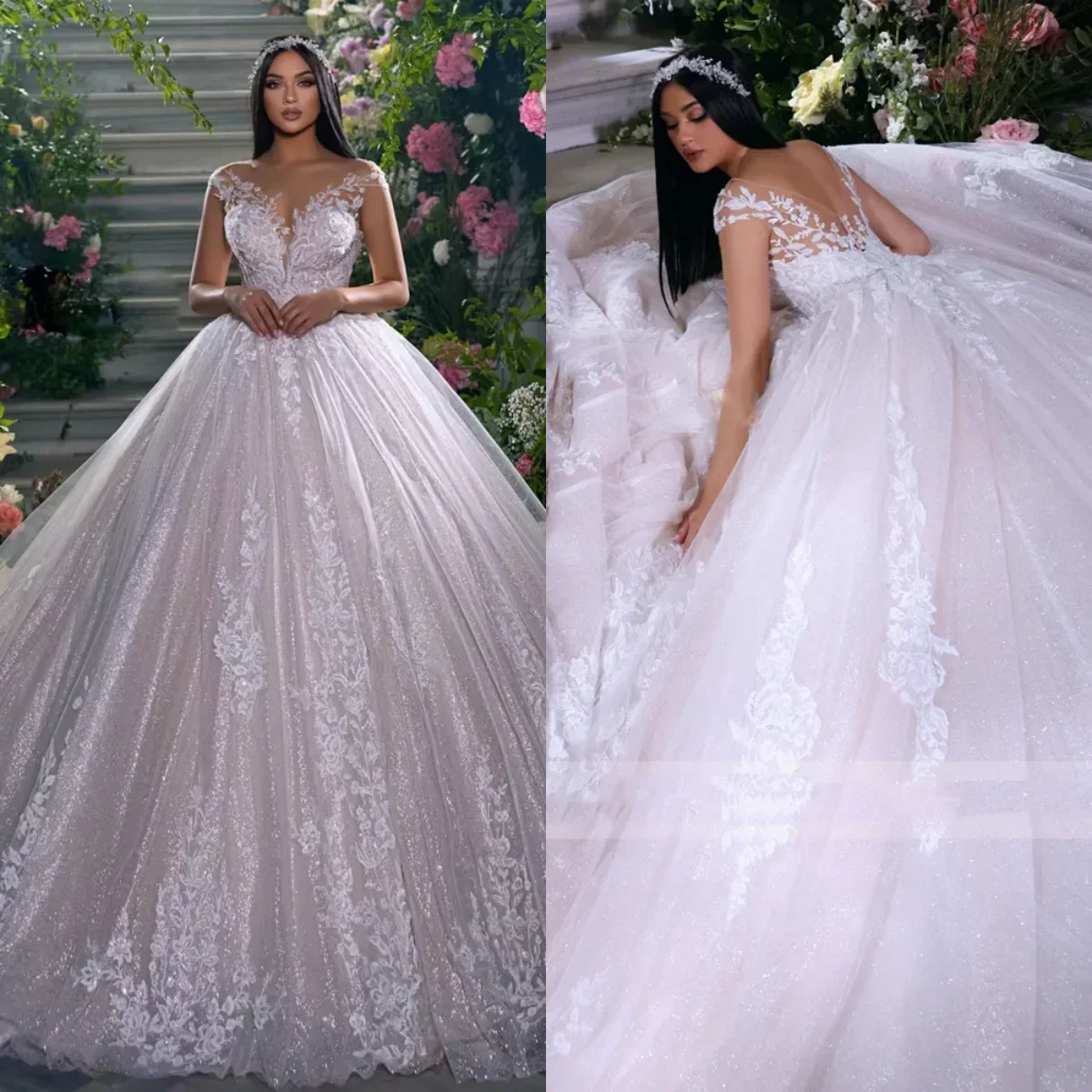 

Sweetheart Princess Bridal Ball Dress Elegant Short Sleeve Lace Decal Bridal Dress Customized A-line Wedding Dress