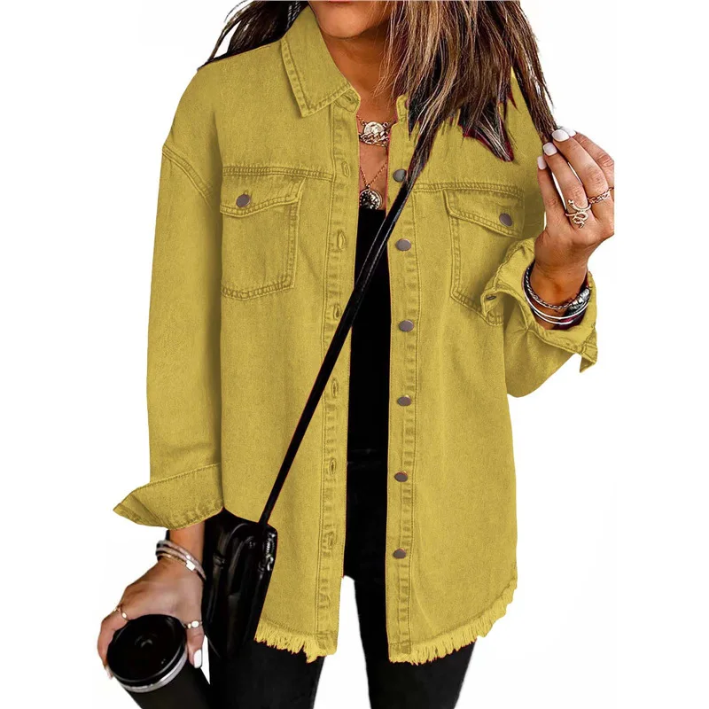 Women's Washed Denim Shirt Jacket Personalized Street Style Brushed Edge Hem Autumn Winter Fashion for Europe America