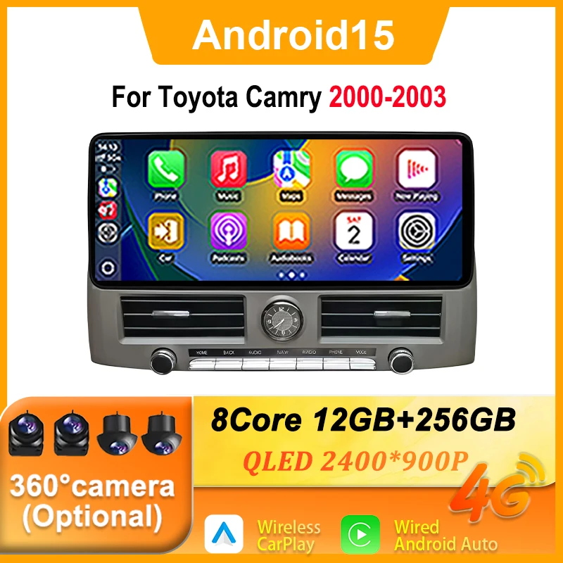 12.3 inch Android 15 Intelligent System Head Unit Carplay DSP Touch Screen For Toyota Camry 2000-2003 Split screen Bluetooth