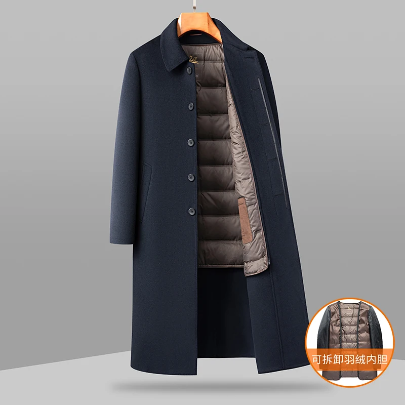 

High-quality, fashionable and stylish autumn and winter extended knee-length wool double-sided nylon men's detachable down inner