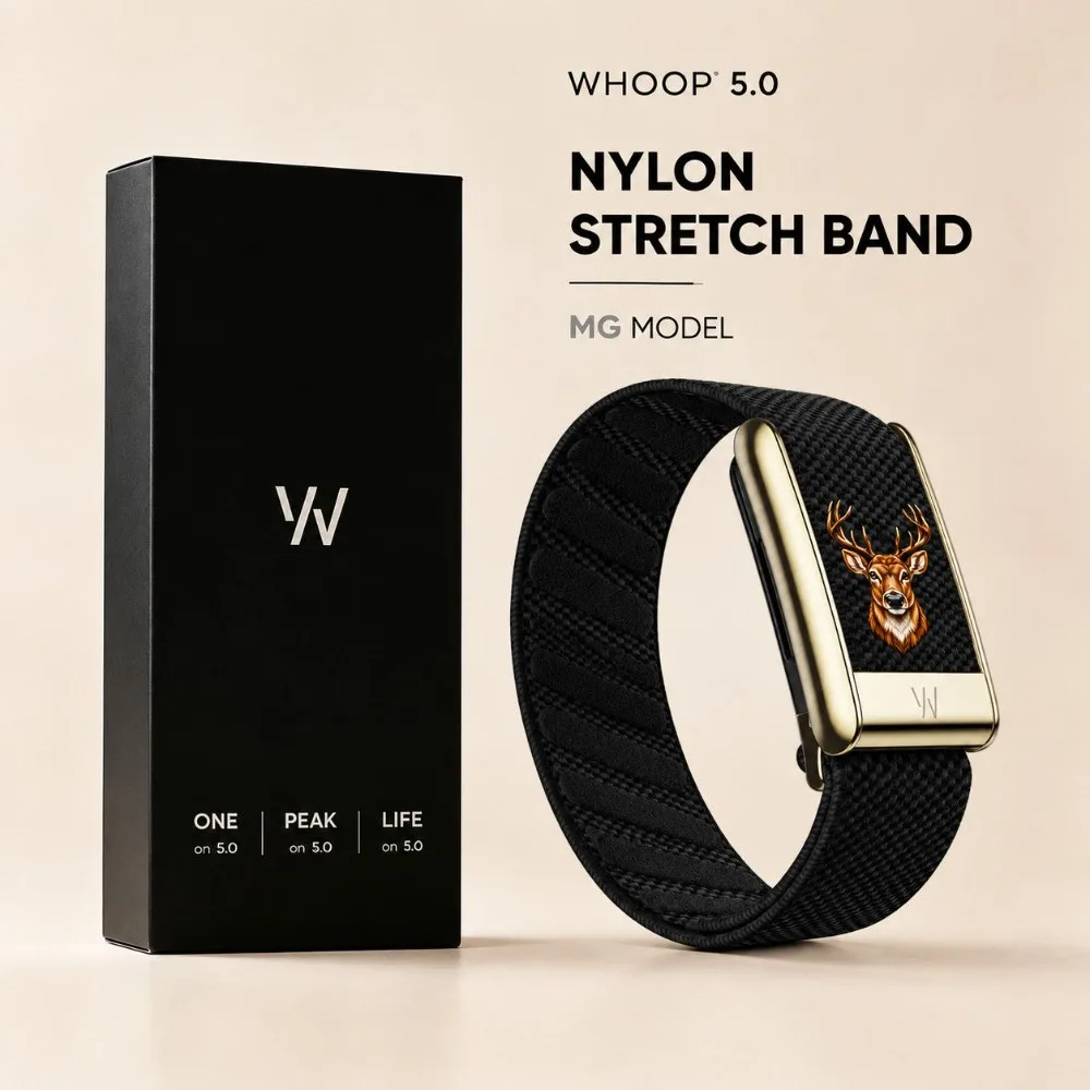 Compatible with WHOOP 5.0 MG Stag Pattern Stretch Nylon Woven Replacement Wristband Metal Sport Band