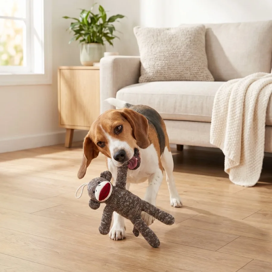 4 pack Brown Sock Monkey Plush Dog Toy with Squeaker, Chew Level 1 view 4