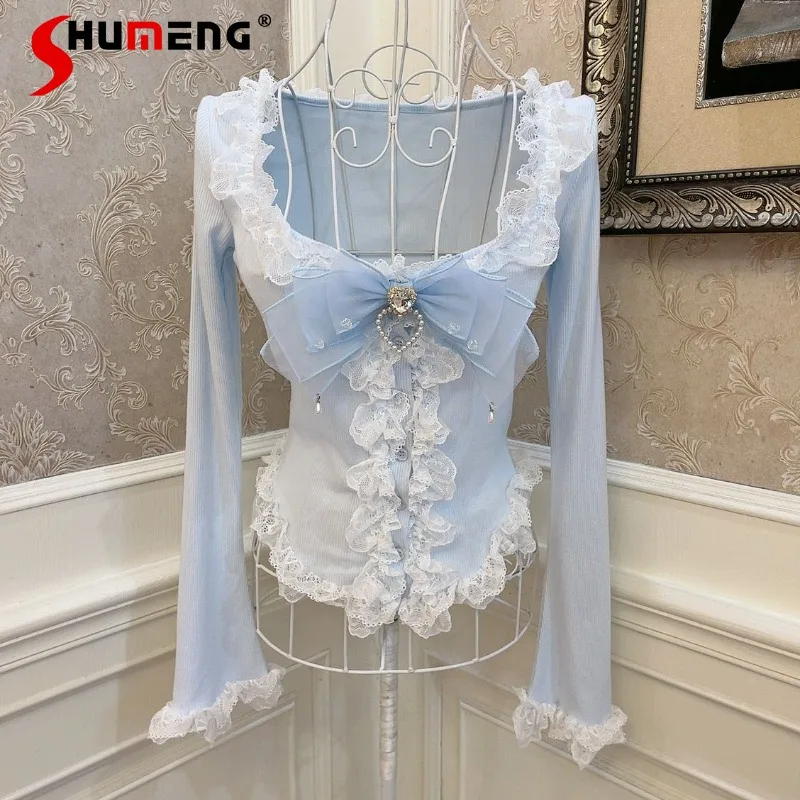 

Lolita Princess Bow Love Flash Diamond Fungus Lace Flared Sleeve Slim-Fit Button Short T-Shirt Top Kawaii Aesthetic Clothes Tees