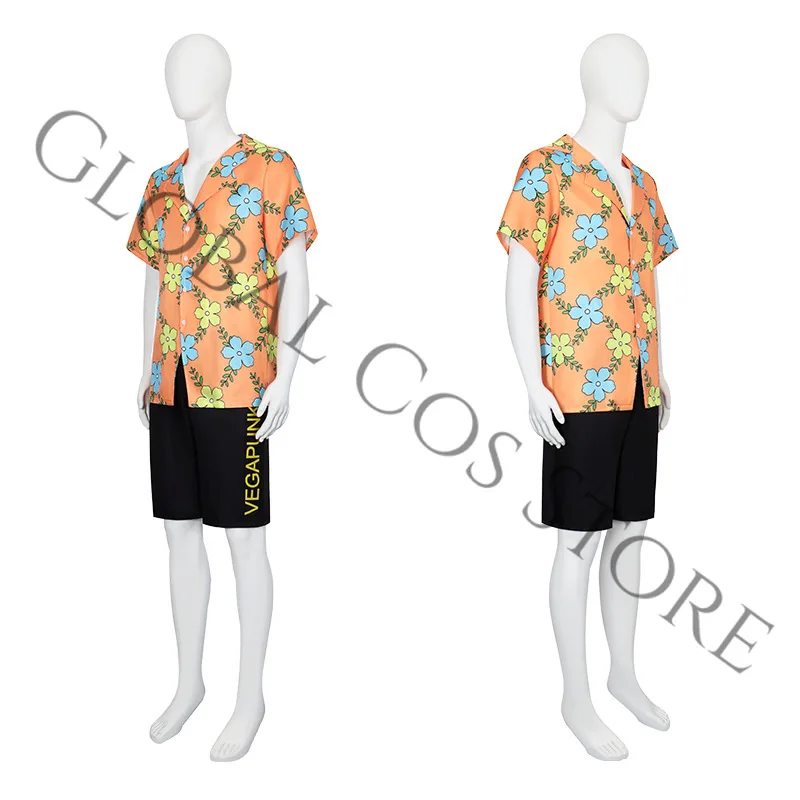 Hot Anime Character Sanji Cosplay Egghead Island Costume Orange Floral Shirt Short Sleeve Shirt Black Shorts for Beach Holiday