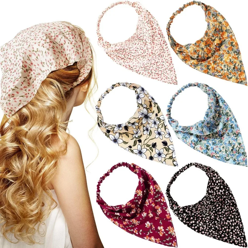 

6 шт. банданы с цветочным принтом для женщин и девочек, шарф для волос в стиле бохо с ромашками, повязка на голову с зажимом, шифоновый летний платок на голову Cottagecore