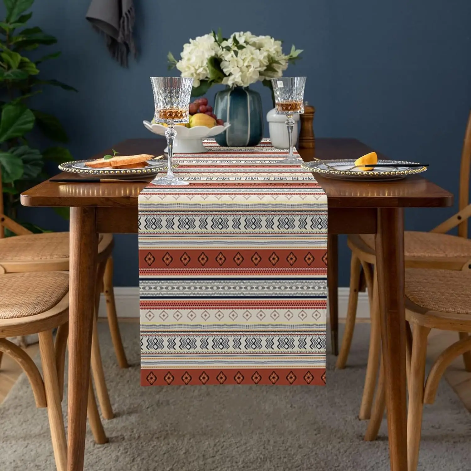 Boho Western Aztec Geometric Linen Table Runner Holiday Party Decorations Bohemian Stripes Kitchen Table Runner Party Decor