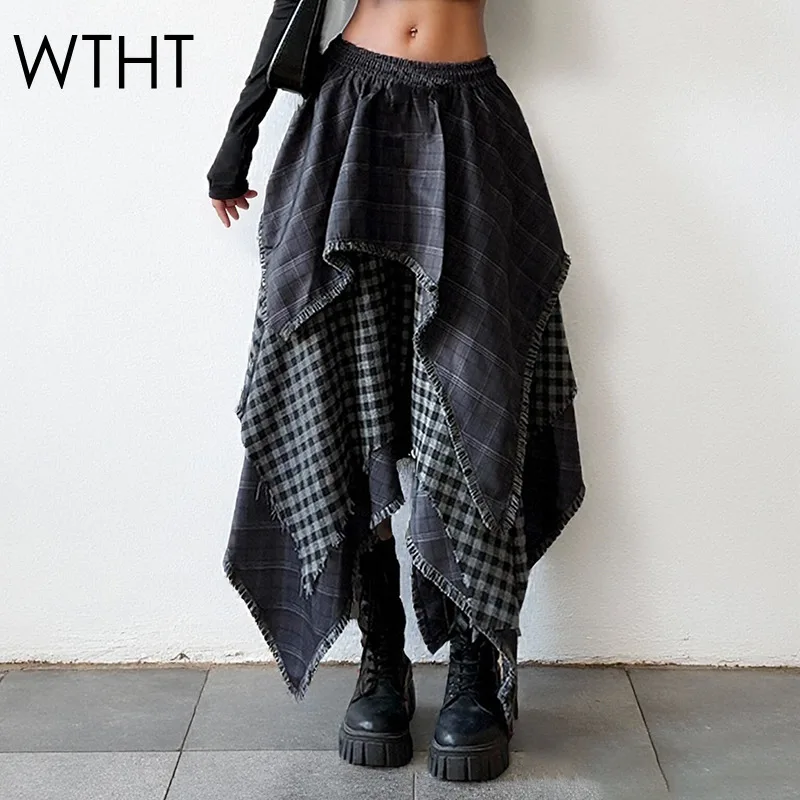 

WTHT модные новые женские нерегулярные клетчатые плиссированные юбки в стиле пэчворк, осень 2022, модная женская юбка трапециевидной формы с высокой талией 1LS2442