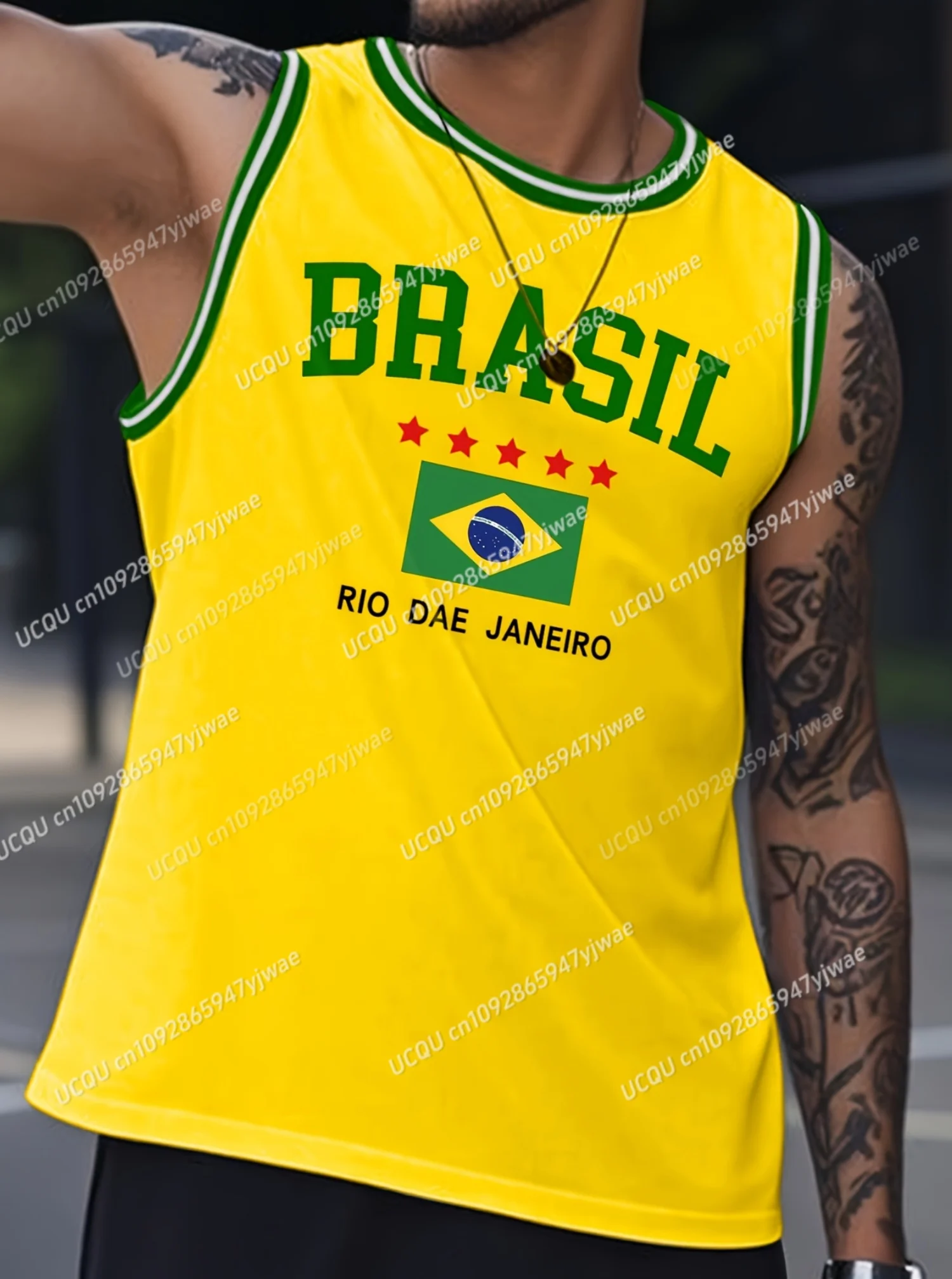 Summer Men YELLOW BRASIL  Print Striped Round Neck Casual Tank Top Basketball Jersey Vest Boyfriend Style Sport Basketball Vest