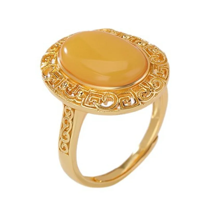 

Ethnic style yellow beeswax retro light luxury auspicious pattern hollow egg shaped ring clothing accessories rings